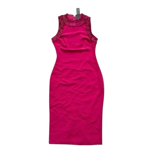 Badgley Mischka Fuchsia Sleeveless Ruffle Trim Midi Dress Size 2 Style BD5038 - Picture 1 of 7